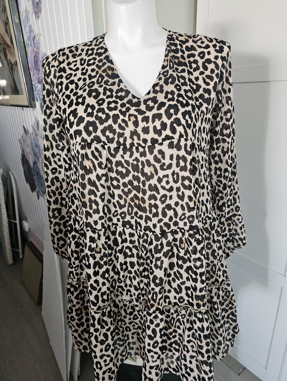 Leopard Print Tiered Tunic Dress Womens V Neck Long Sleeve Boho Animal Print